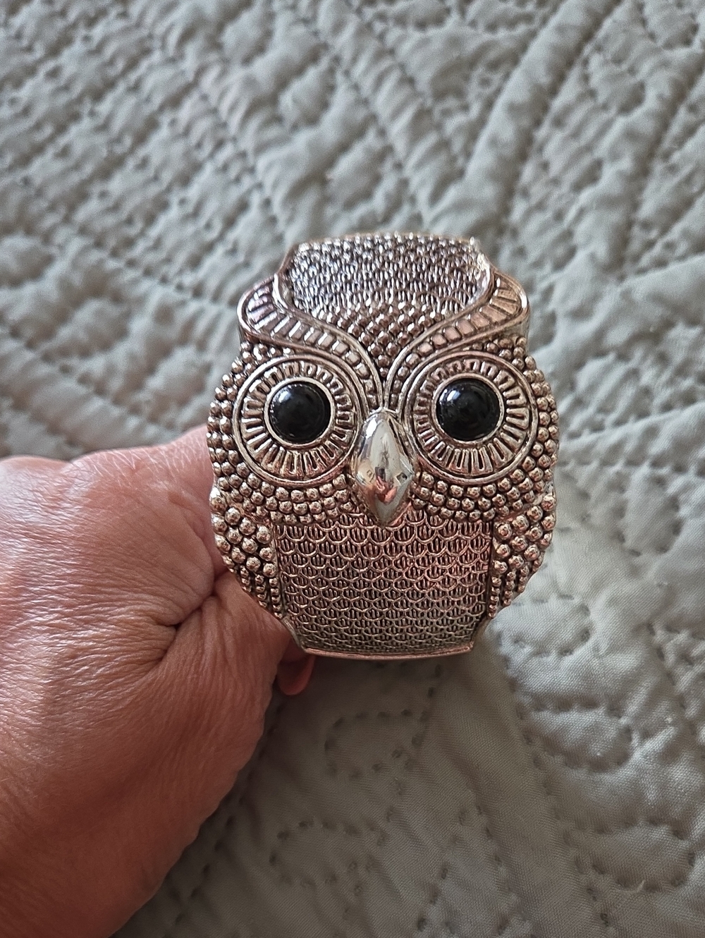 Owl Statement Cuff Bracelet in Silver with Black Eyes